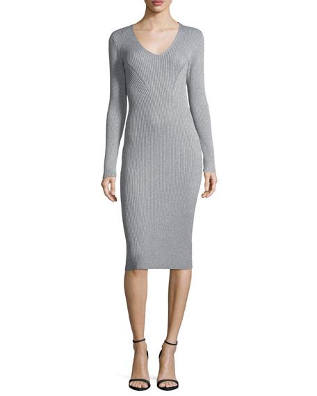 michael michael kors ribbed v-neck sweater dress white|Ribbed V.